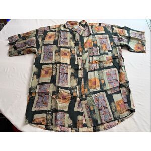 Vintage PURE 100% Silk Shirt Mens Large Abstract Geometric Print Button Front